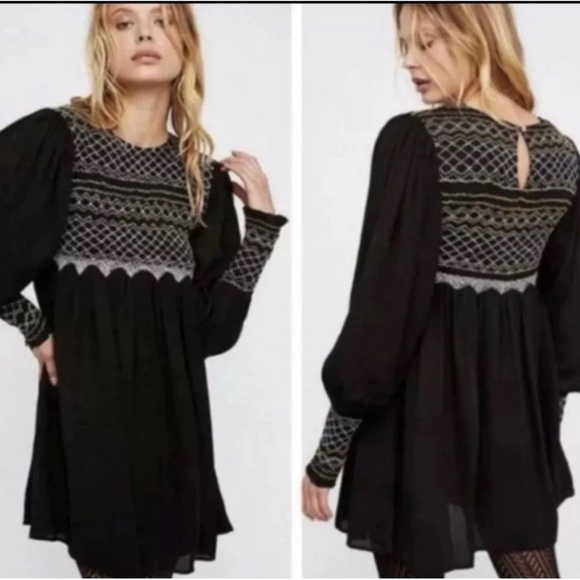 Free People‎ Late Night Picnic Mini Dress in Black Long Sleeve size medium - Picture 1 of 7